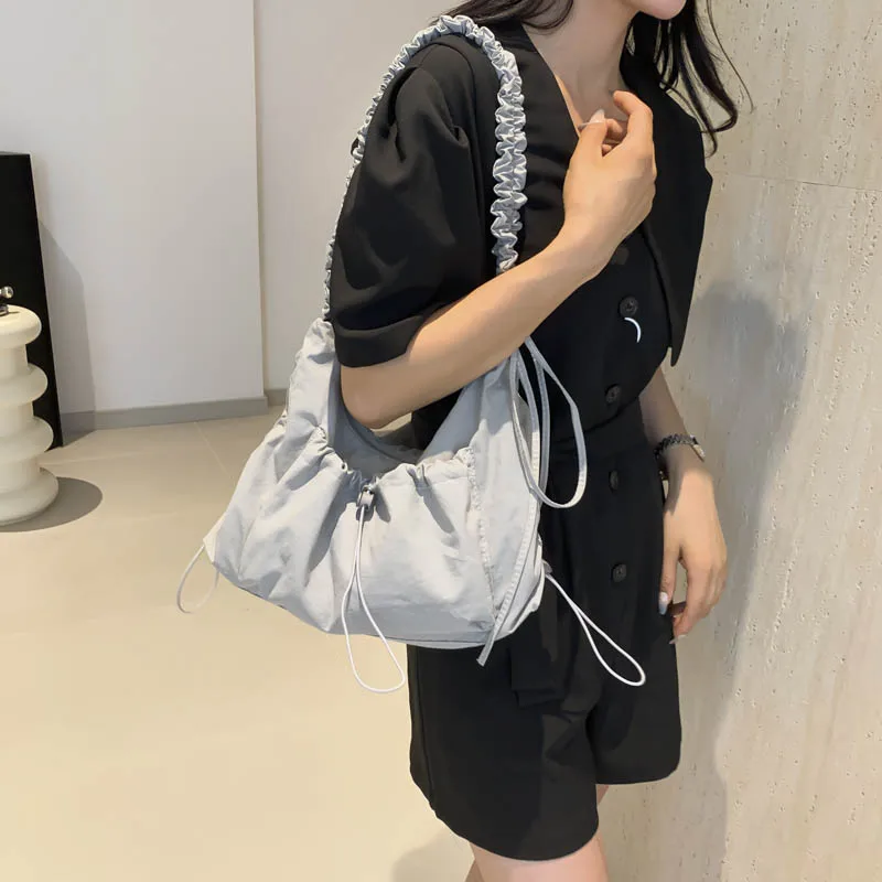 

Плиссированная сумка через плечо с напуском на шнурке, нейлоновая большая сумка, большая вместительная сумка-хобо с рюшами, повседневная женская сумка для работы, покупок, путешествий