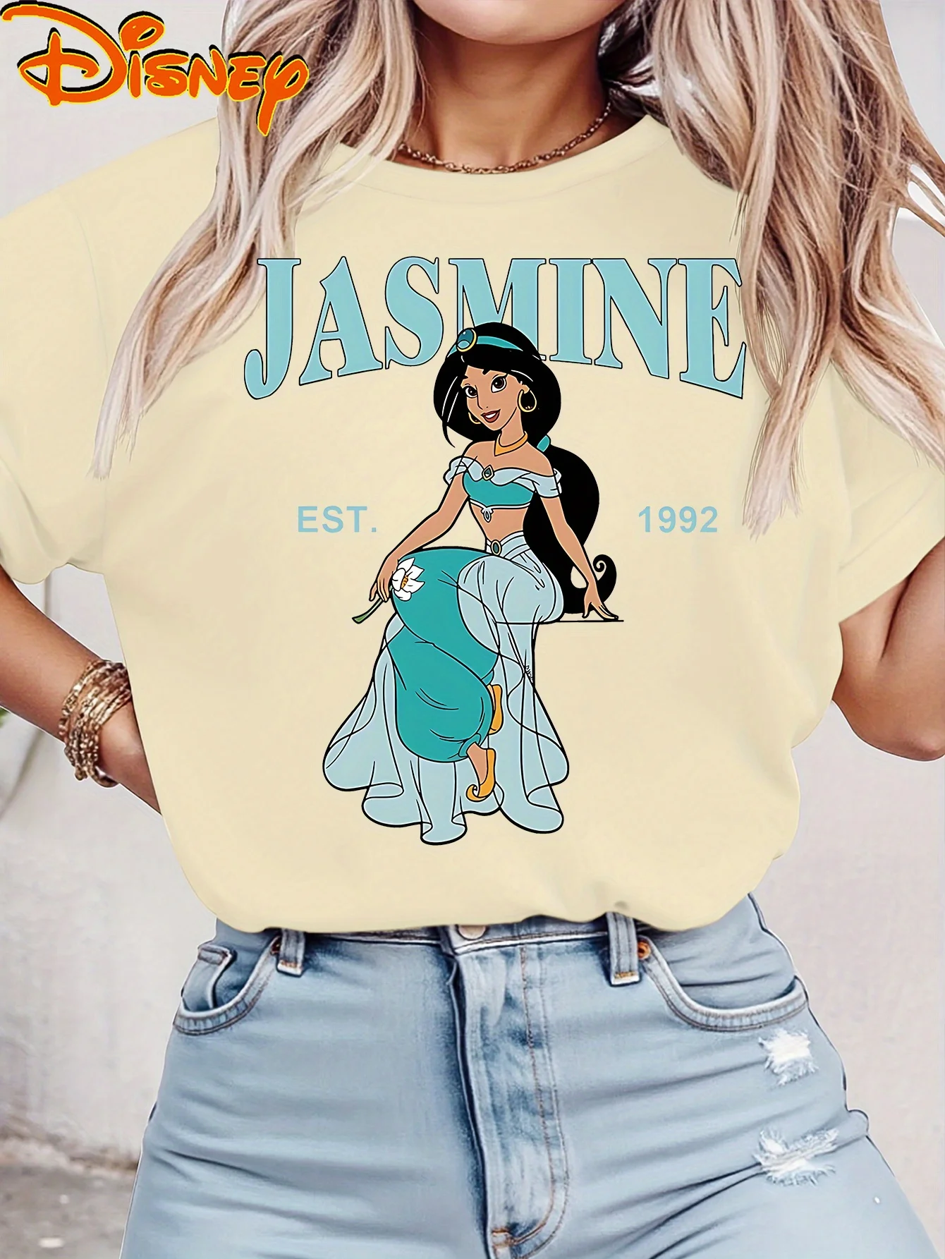 Disney Princess Jasmine Vintage 1992-Grafik-Kurzarm-T-Shirt für Damen – Schwarzes, lässiges Gym-T-Shirt aus Stretchstoff mit Rundhalsausschnitt