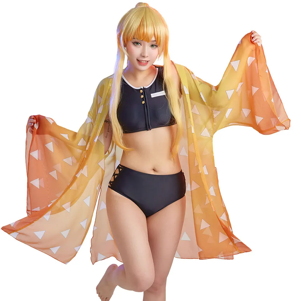 Miccostumes Women Anime Japanese Cartoon Swimwear Black Bikini Set including Top Bottoms with Kimono Haori Cover Up