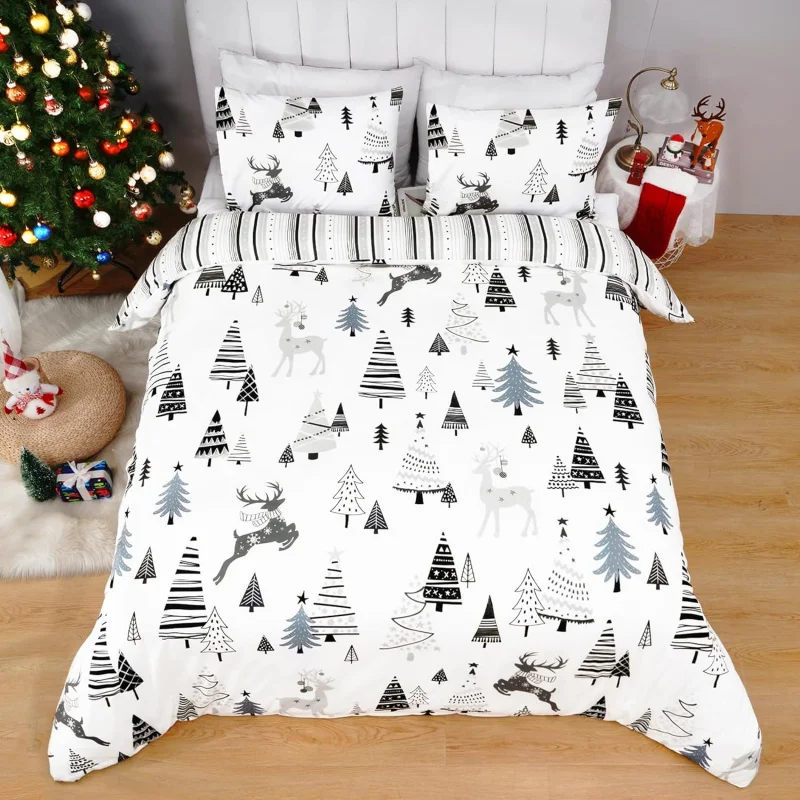 Merry Christmas Big Bed Quilt Cover Happy New Year Farmhouse Decoration (1 Quilt Cover, 2 Pillowcases, No Quilt)