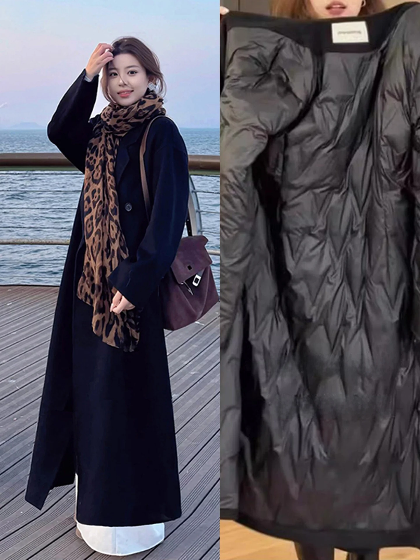 

Длинное шерстяное пальто Hebe Sle для высоких женщин, с наполнителем из пуха, на меховой подкладке, в корейском стиле, для повседневной носки, зимняя верхняя одежда