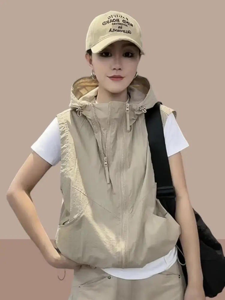 

Summer 2025 Women's Casual Versatile Hooded Sun Protection Vest Lightweight Breathable Polyester Fiber Zipper Closure Pure Color