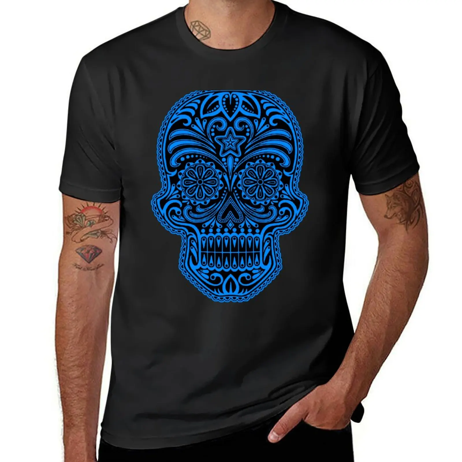 Intricate Blue and Black Sugar Skull T-Shirt sweat heavyweights oversized t shirts for men