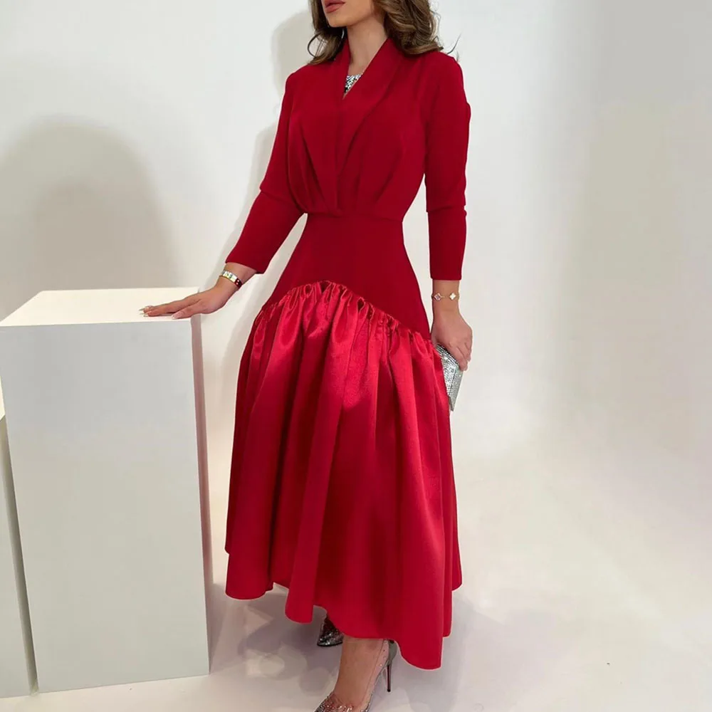 

Romantic Prom Gown for Women A-line Patchwork V-neck Full Sleeves Ankle-Length Elegant Daily Dresses فساتين للحفلات الراقصة