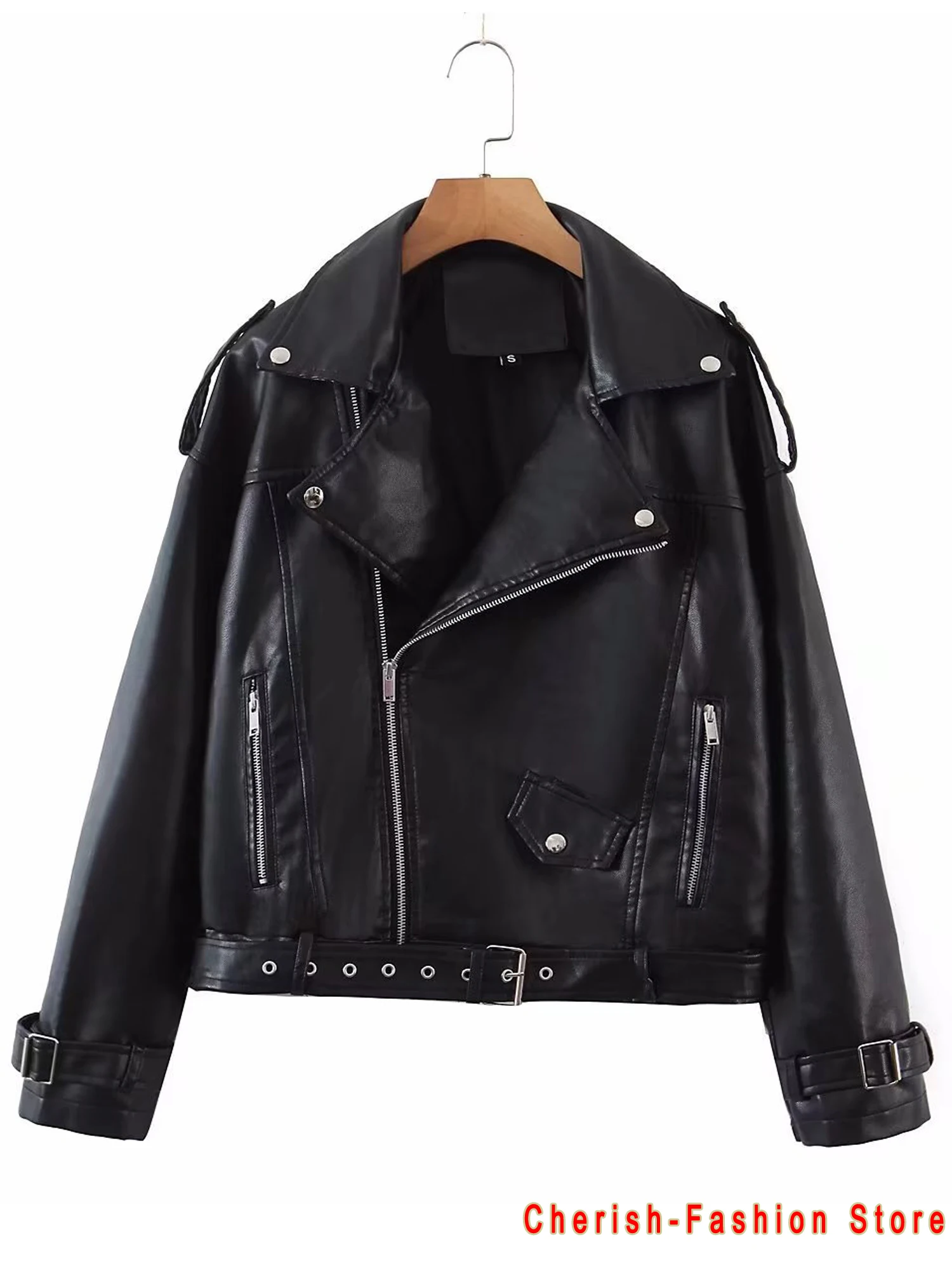 New Autumn Women Faux Leather Jacket Pu Motorcycle Biker Pink Coat Turndown Collar Loose Streetwear Black Punk Outerwear