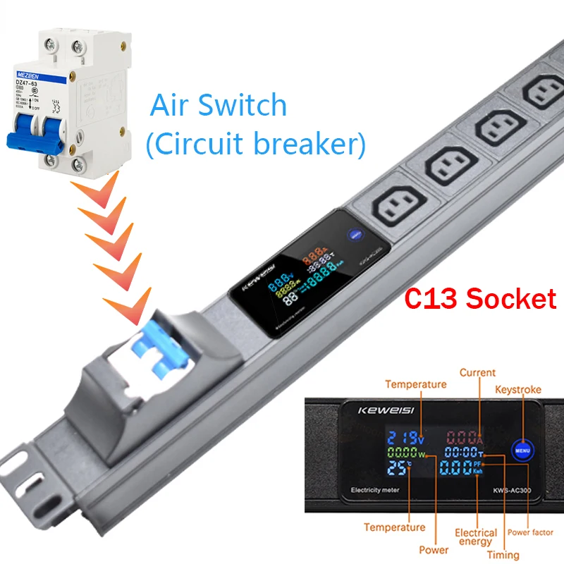 Network cabinet socket 2-10 C13 socket PDU distribution unit digital display power meter 4000/8000W without wires