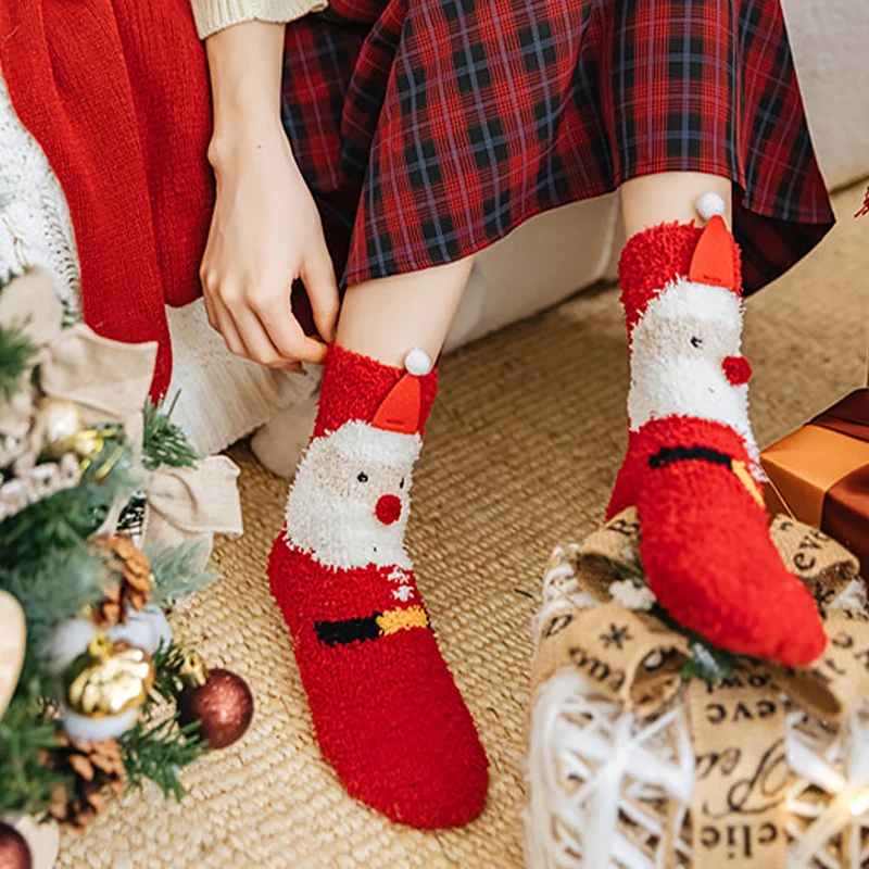 Cartoon Fluffy Christmas Socks Coral Velvet Santa Claus Snowmen Elk Thick Warm Floor Socks Happy New Year Xmas Noel Navidad Gift