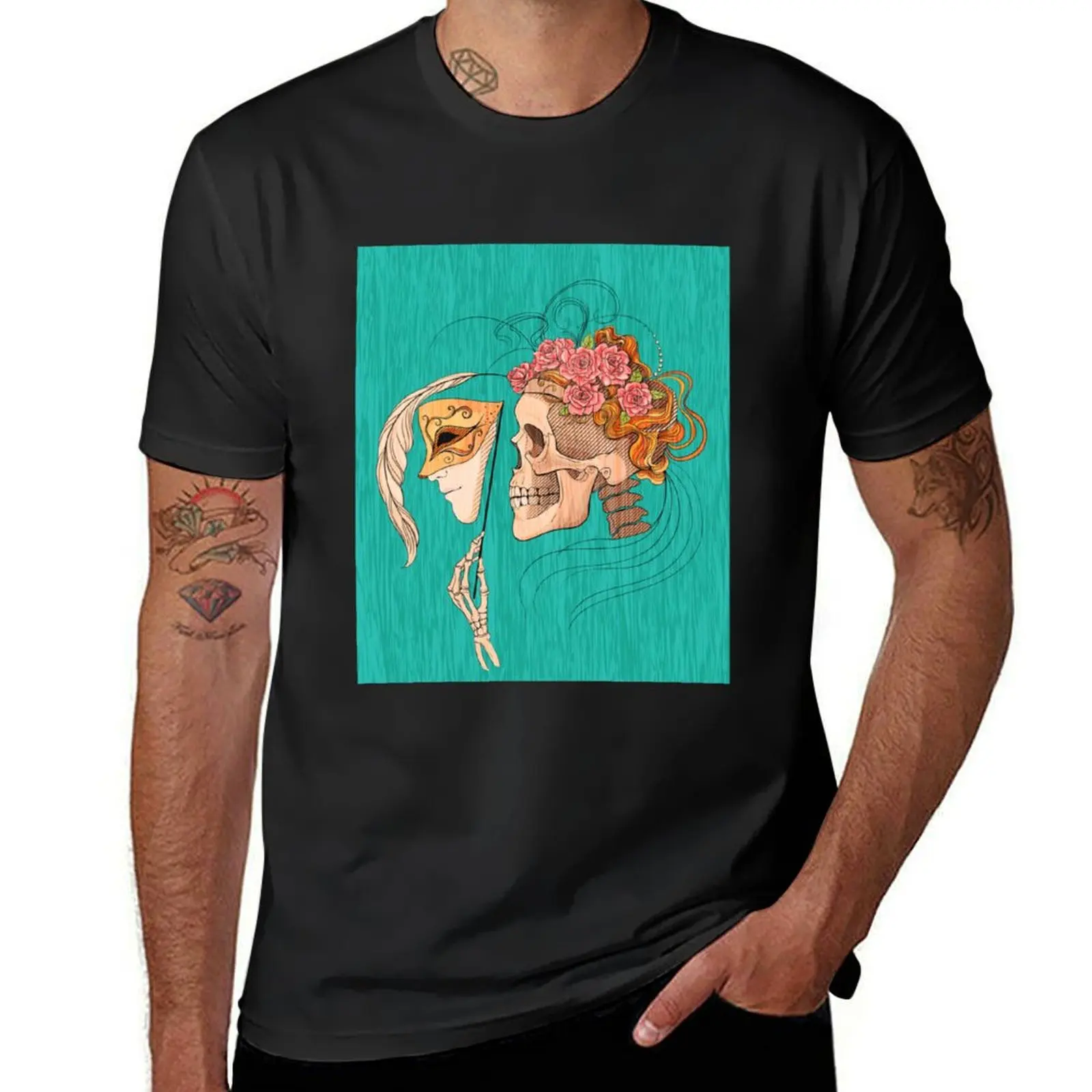 

illustration with skull holding a human face mask T-Shirt cotton man t-shirts man clothes men graphic t shirts