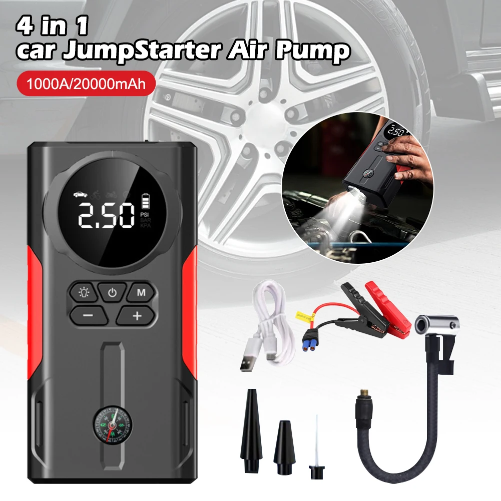 4 In 1 Car Starting Power Supply  Air Compressor Tire Inflator 20000mAh Portable Battery Booster With LED Flashlight 120W 1000A