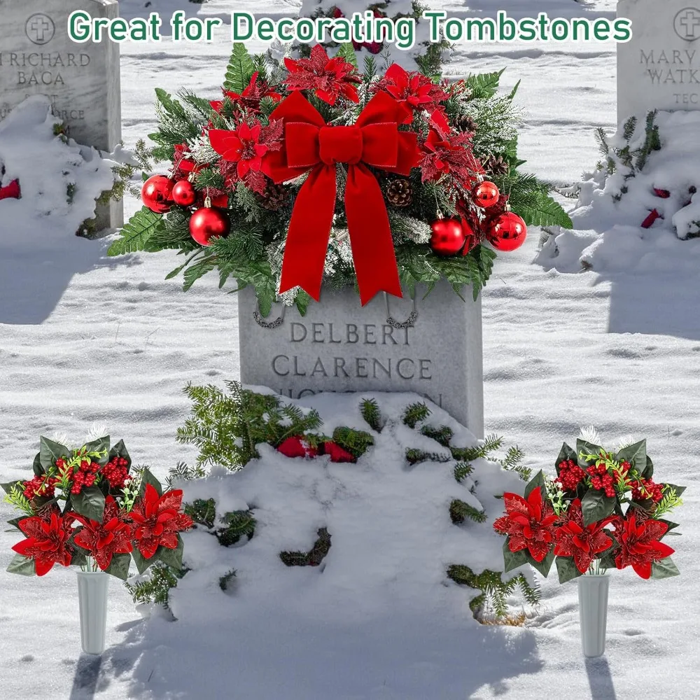 Flores artificiales de cementerio, sillín de flores de Navidad esmeriladas de nieve con cinta, ramos conmemorativos de Poinsettia roja