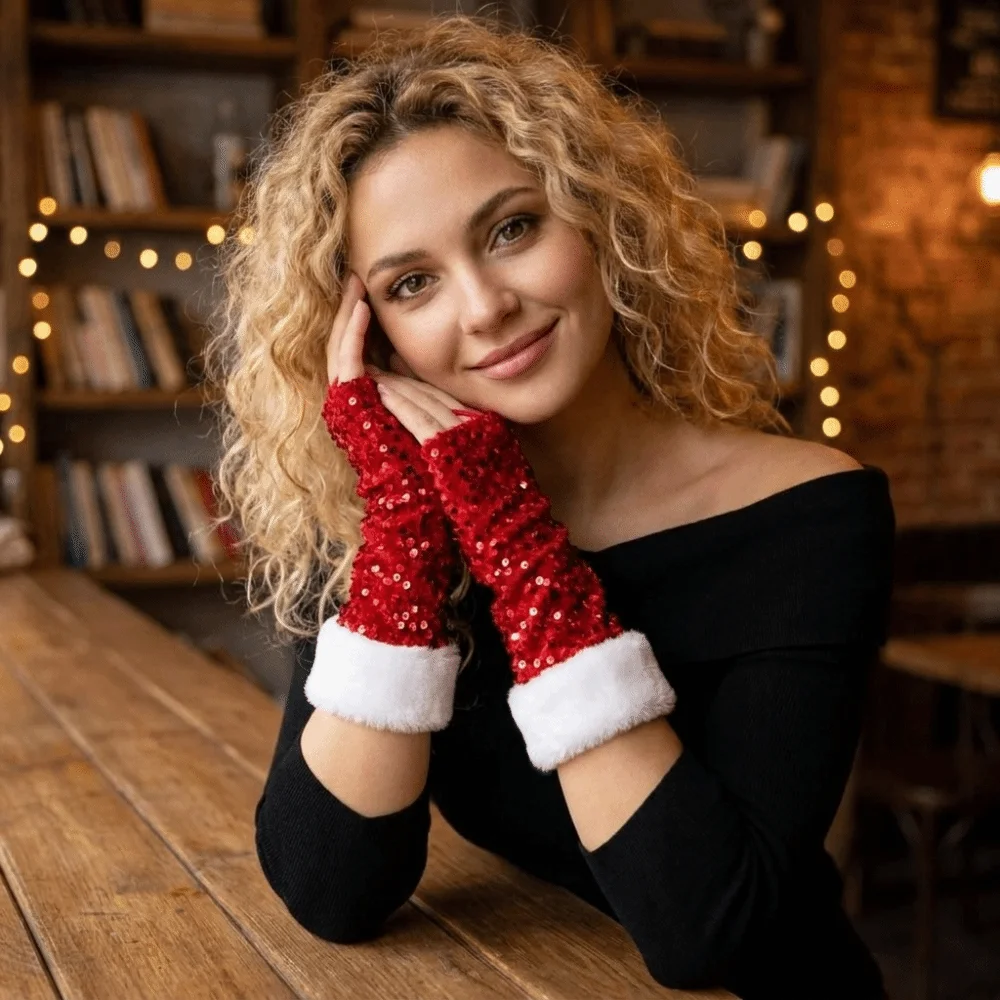 Glitter Christmas Gloves Thickened Warm Sequin Hook Finger Exposed Gloves breathable decorative Performance Gloves