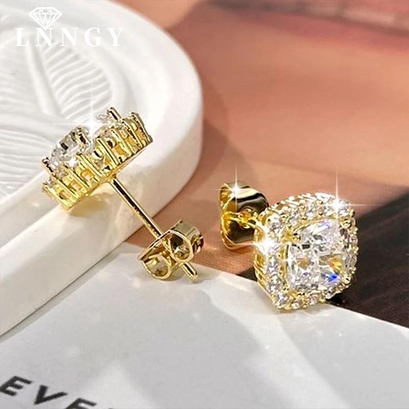 

Lnngy Brilliant Transparent 6x6mm Cublic Zircon Earrings for Women Exquisite Square Halo Stud Earring CZ Wedding Jewelry