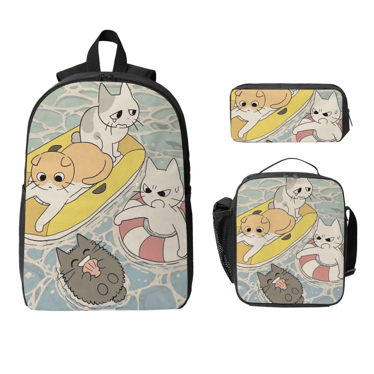 Summer Pool Cartoon Cat Anime Backpack Student BookBag School Bag Laptop Shoulder Bags 3ps Insulated Lunch Bag Pencil Case