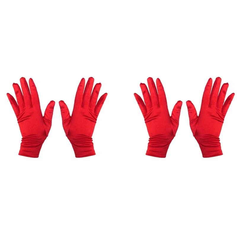 NEW-4X Ladies Short Sunscreen Satin Satin Glove Surface Dance Performance Gloves Spandex Etiquette Gloves Red