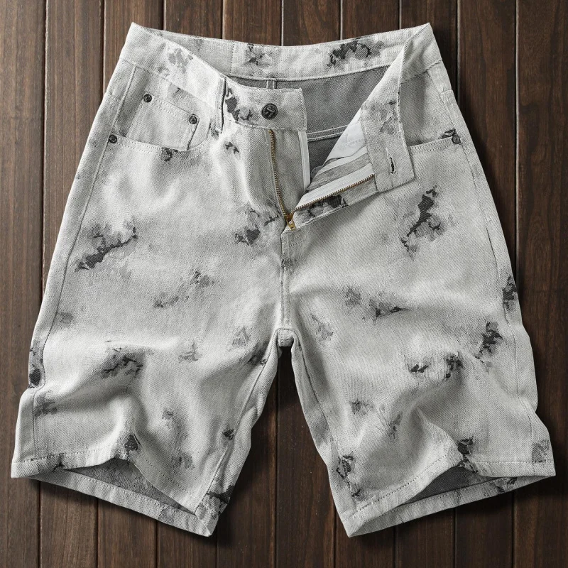 2026 Men's Summer Lightweight Denim Shorts New American Classic Streetwear Design with Vintage Print Versatile Fashion Trendy Fi