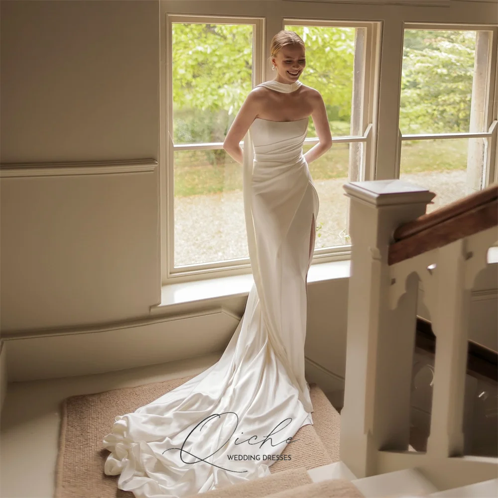 

QICHE Moder Pleat Mermaid Wedding Dresses Satin Boat-Neck Sleeveless Open Back High Side Split Shawl Robe De Mariée Customized