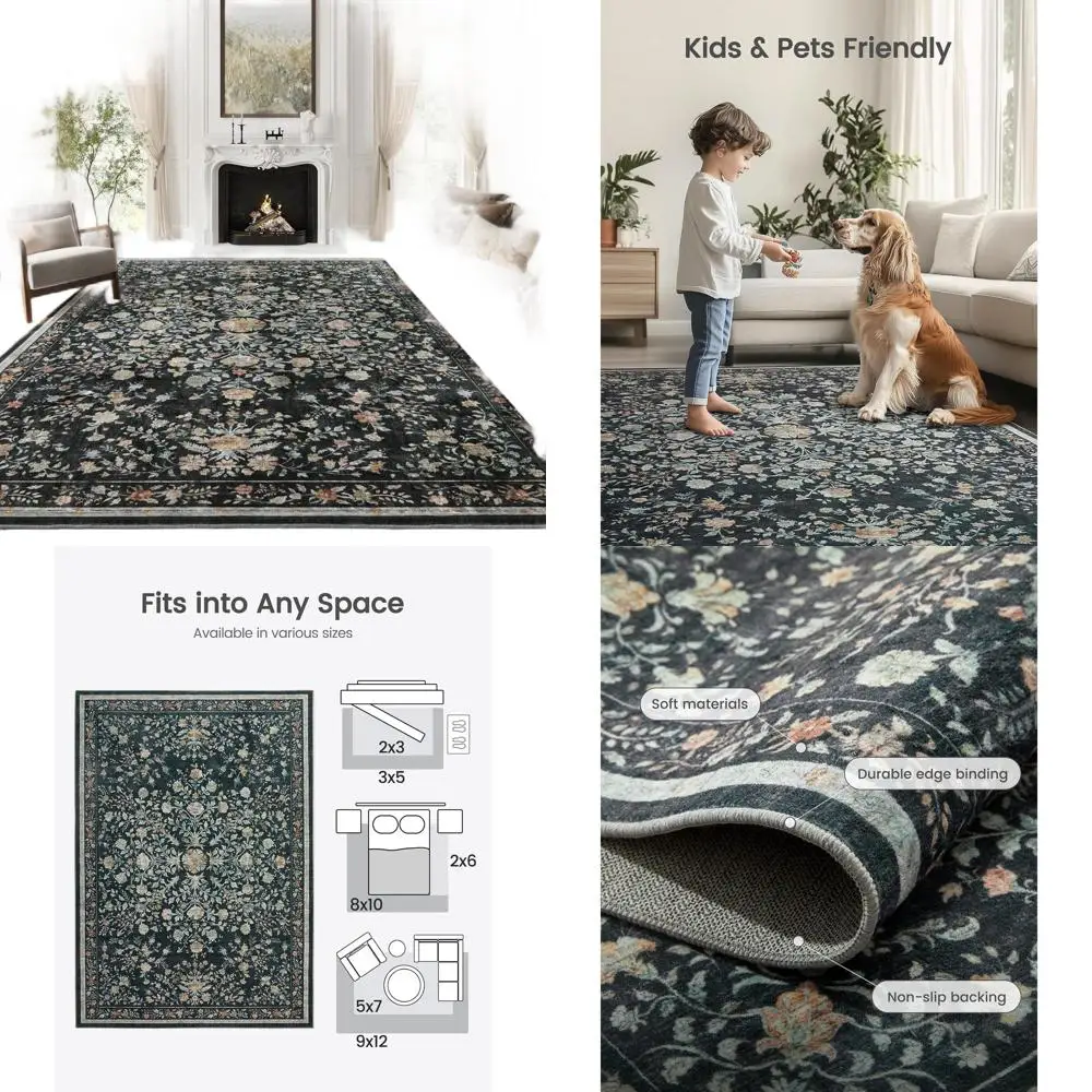 

Floral 8x10 Area Rug, Washable and Non-Slip, Perfect for Living Room, Bedroom, Dining Area, and Home Office
