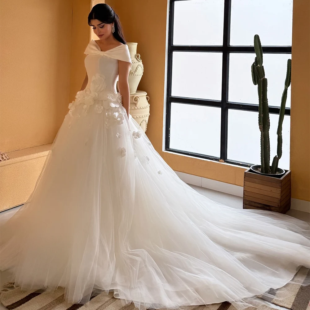 Customized Arabic Wedding Dress Modern Off The Shoulder Handmade Flowers Court Train Ball Gown Bridal Gown Woman Bride