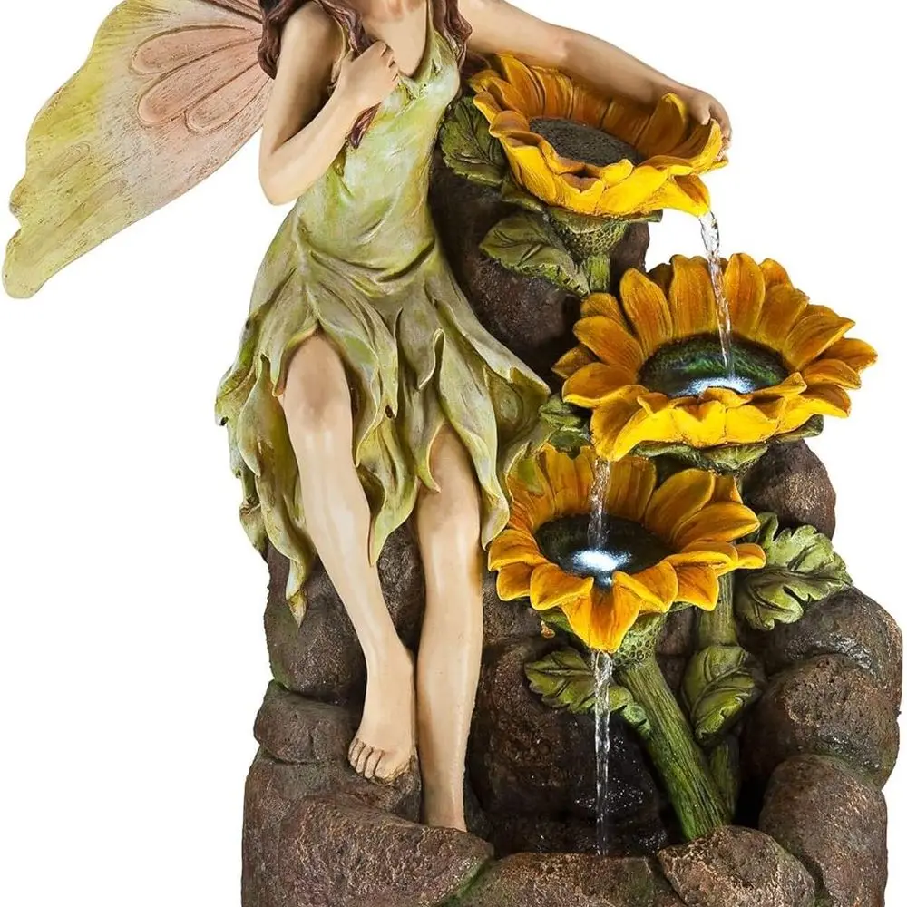 

26 Tall Garden Fairy Outdoor Decor Fountain, LED Light, Modern Stone Look, Water Feature for Patio, Yard, Backyard
