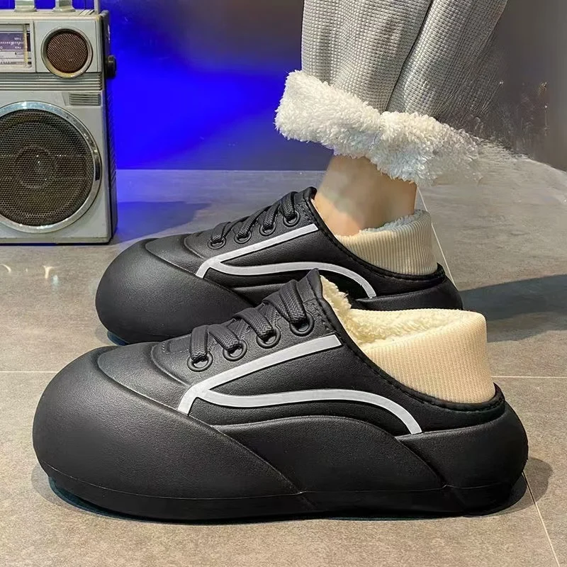 

Men Winter New Waterproof Baotou Cotton Slippers Thick Sole Non Slip Lightweight Plush Keep Warm Cover Heel Home Cotton Shoes