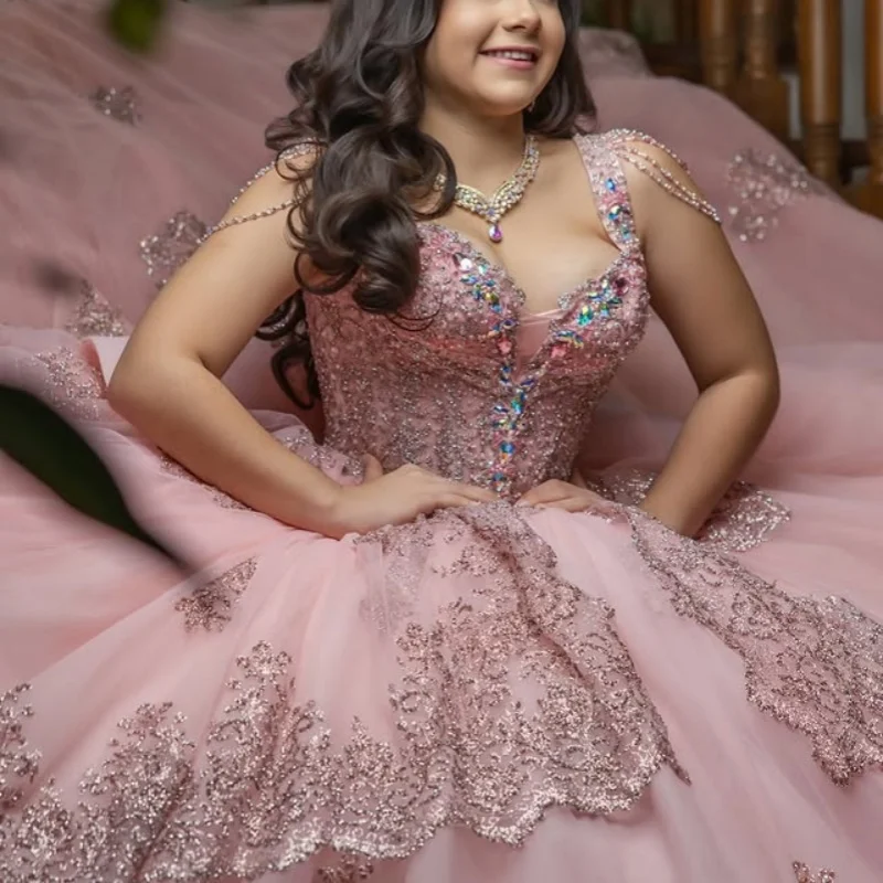 Pink Quinceanera Dress off-shoulder glitter Crystal decal Lace layering Long tail vestidos de 15 Quinceanera ﻿Customize