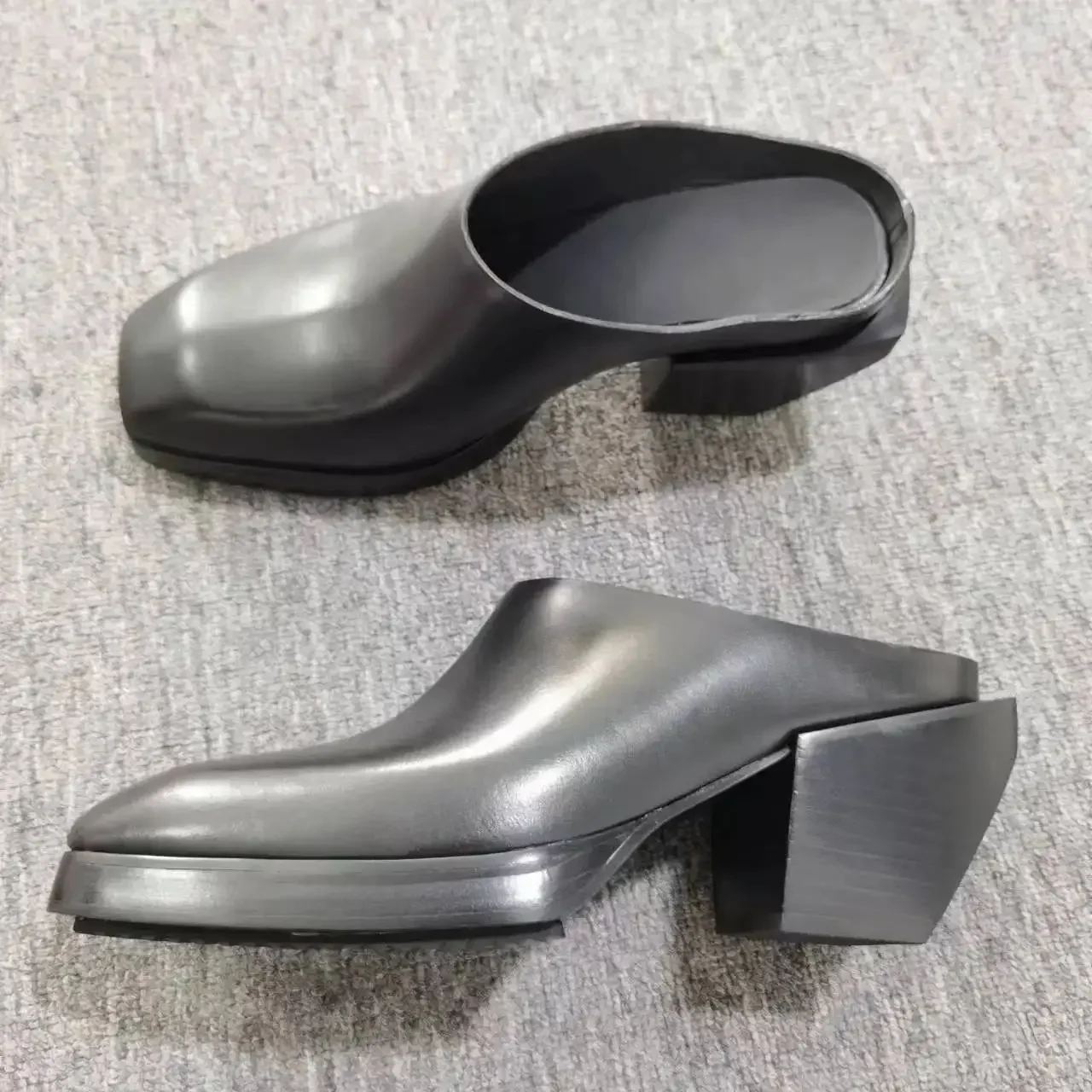 Mules Black Leather Men's Slippers Square Closed-Toe Slip On Slingback Sandals Male Chunky Mid Heels Leisure Casual Shoes Summer