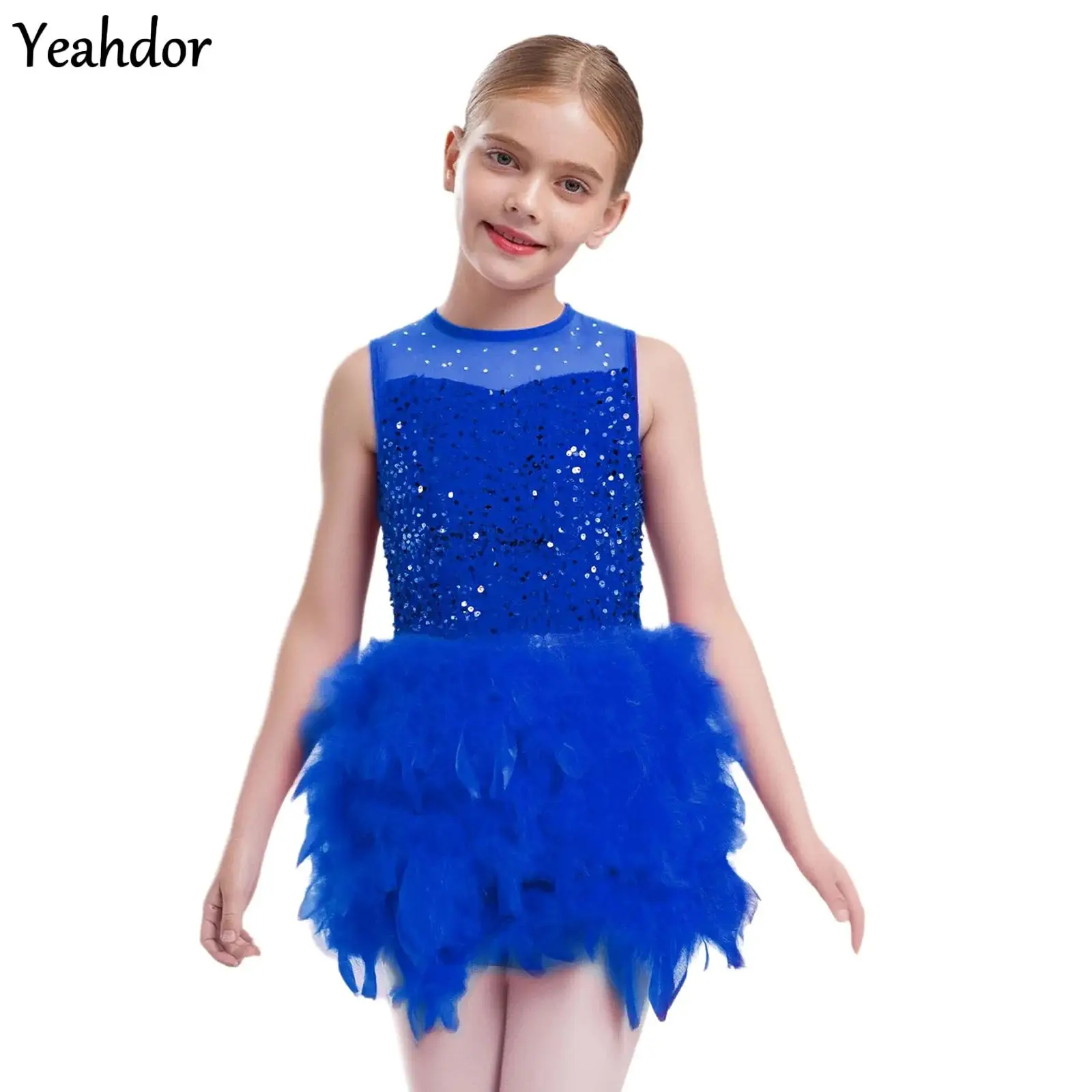 

Girls Feather Jazz Dance Dress Gymnastics Figure Skating Ballet Leotard Sequins Bodice Tulle Skirted Velvet Tutu Dress Costumes