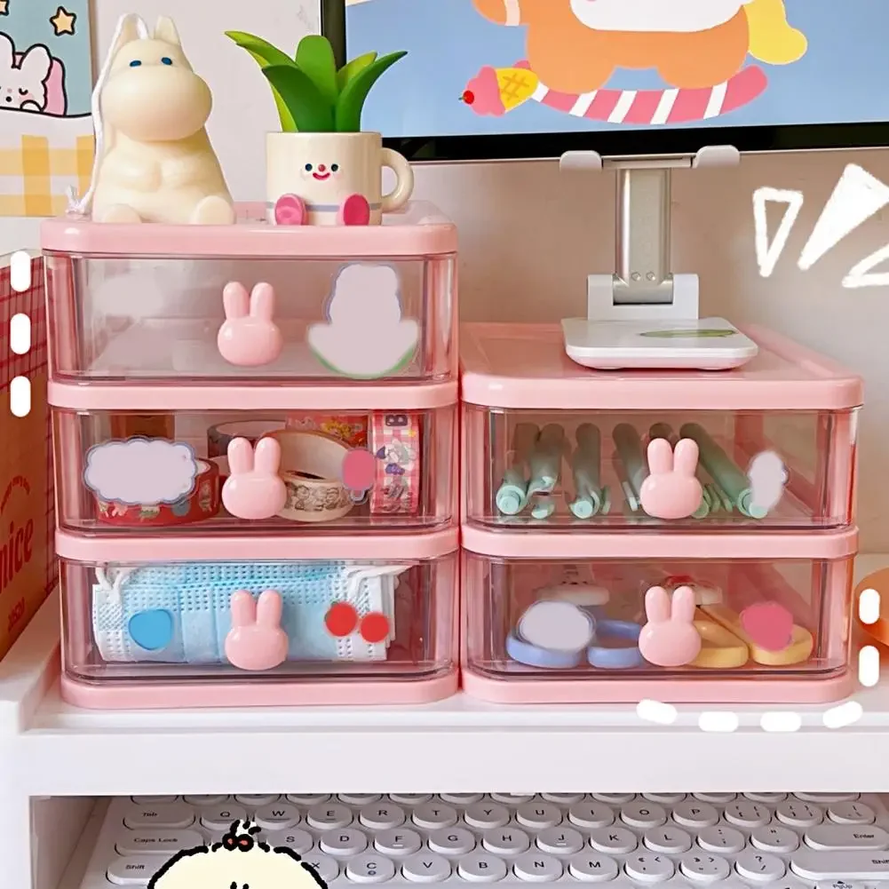 

Two Layer Desk Storage Box Rack Pen Stand Kawaii Rabbit Handle Makeup Case Cosmetic Container Brush Holder Jewelry Organizer