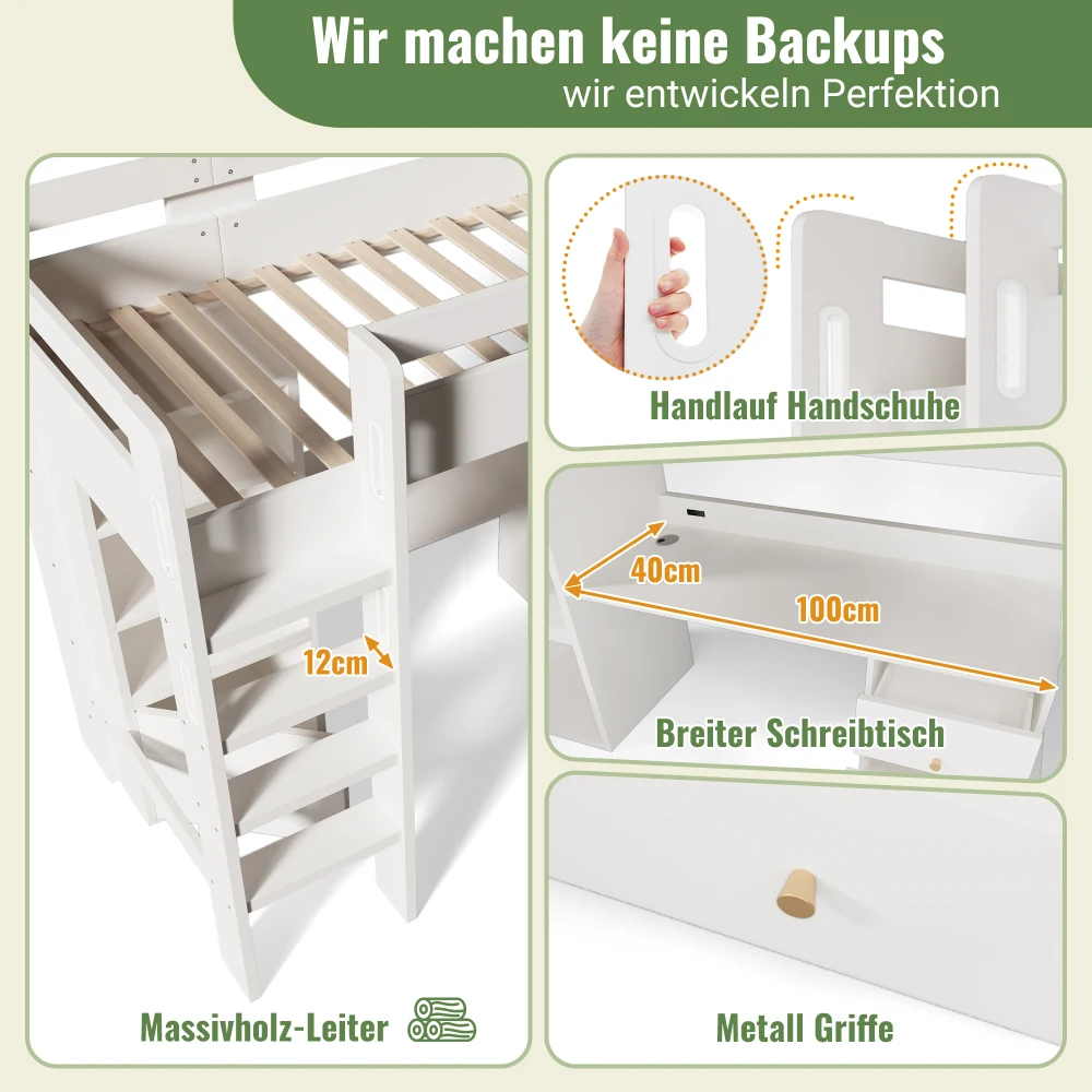 Kinderbett, Hochbett mit USB-C-Schreibtisch, Kleiderschrank, Aktenschrank, Jugend-Einzelbett mit Treppe und Gitter, ohne Matratzenraum – Detail 4