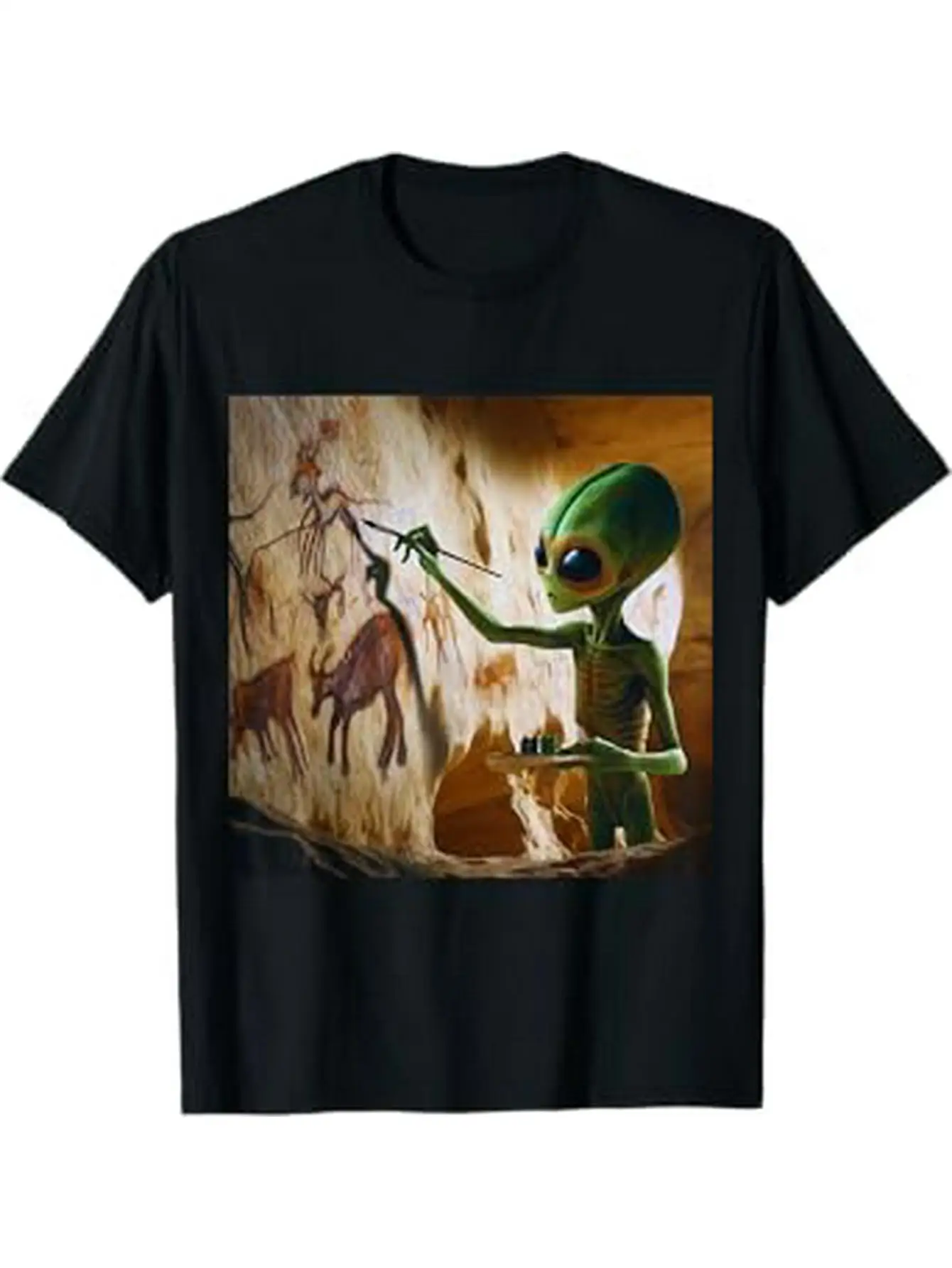 Men's and Women's Alien Cave Art Pattern T-Shirt - Science Fiction Themed T-Shirt, Green Alien Pattern, Soft Breathable Crewneck, Suitable for Daily and Themed Activities, Regular Casual Top - Unisex Alien Movie Fan Clothing
