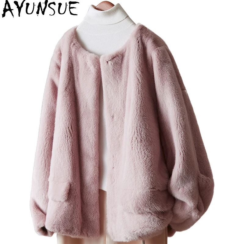 AYUNSUE 2025 جديد الشتاء سترة فرو المنك الطبيعي امرأة فضفاضة أنيقة سترة من الفرو الحقيقي للمرأة الملابس كله المنك شوبانا Жenca