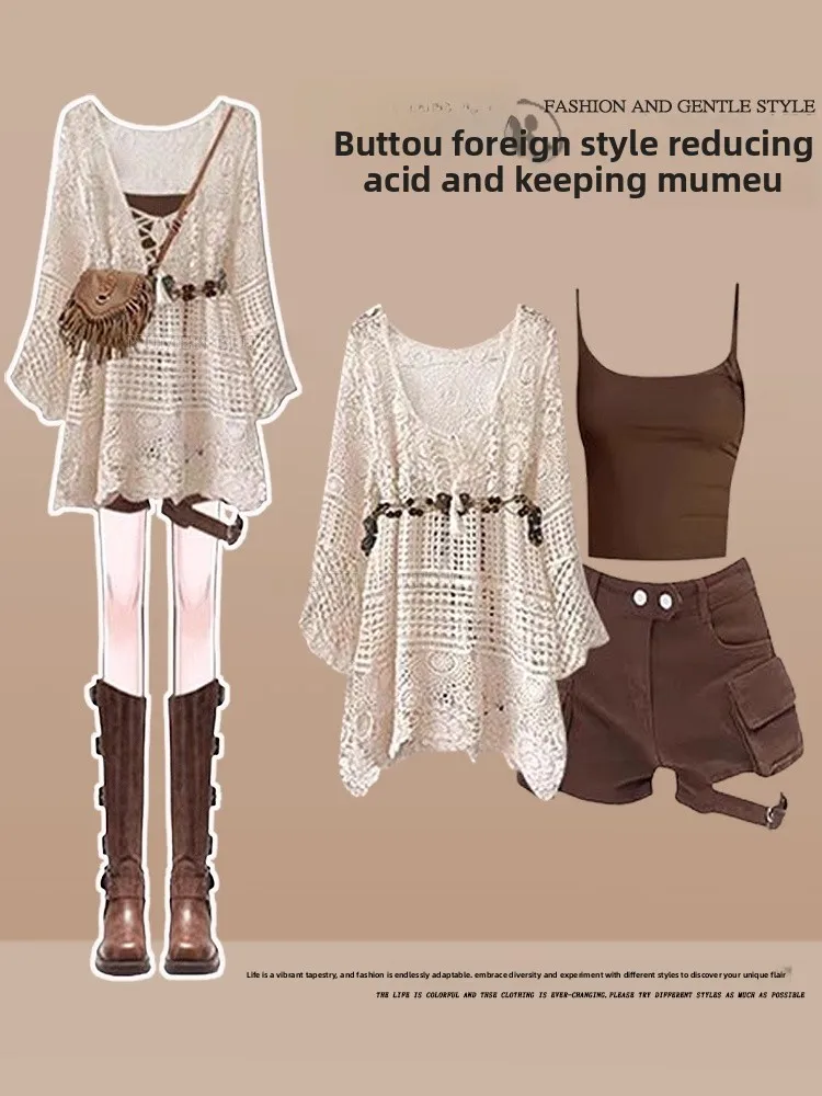 

Summer Travel Women's Outfit Set Large Size Hollow out Design Denim Shorts Strap Three Piece Set Fashionable Casual Wear