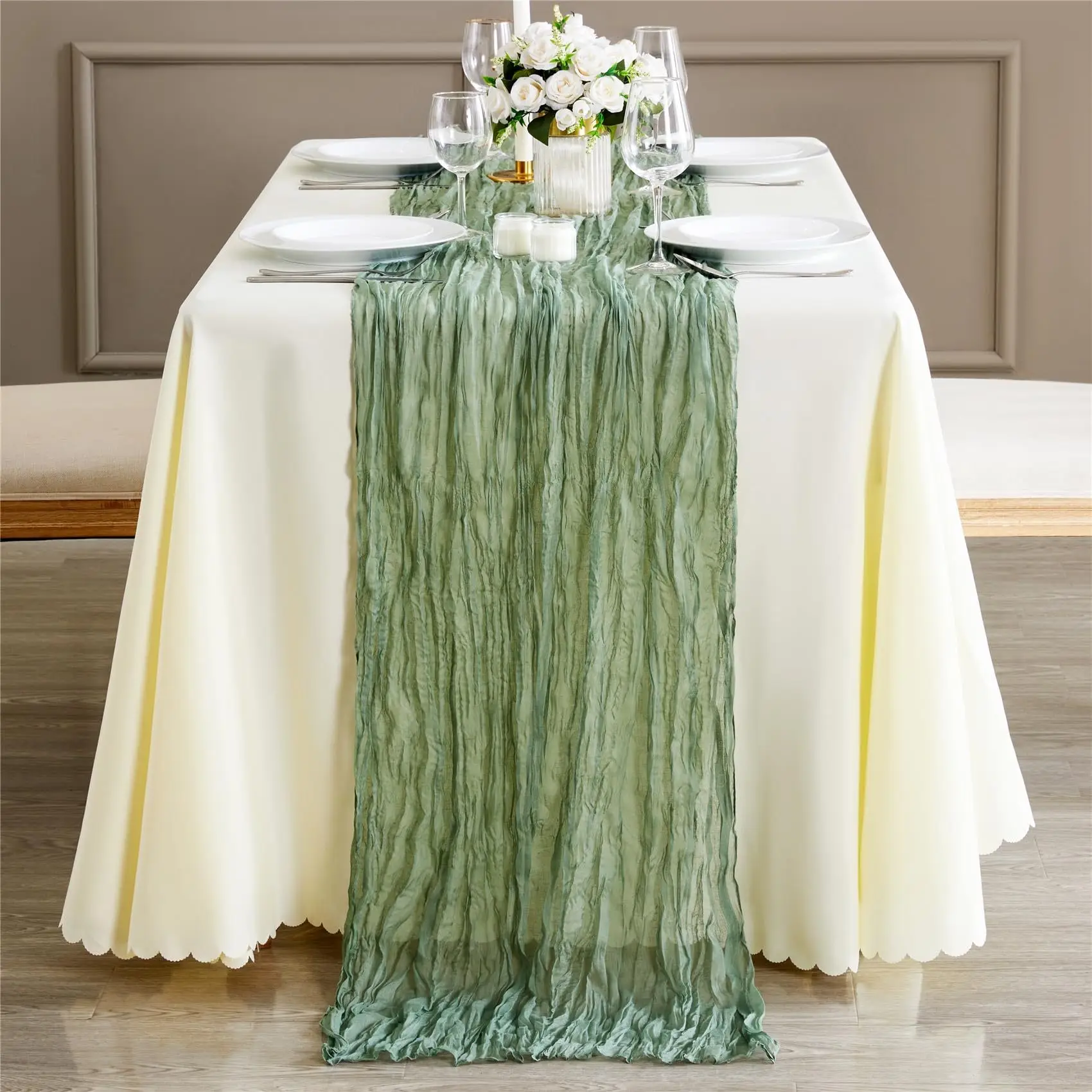 

2pcs Pleated Tablecloth Translucent Gauze Tablecloth 90*180cmTable Decoration Cloth Wedding Party Retro Banquet Arch Decoration