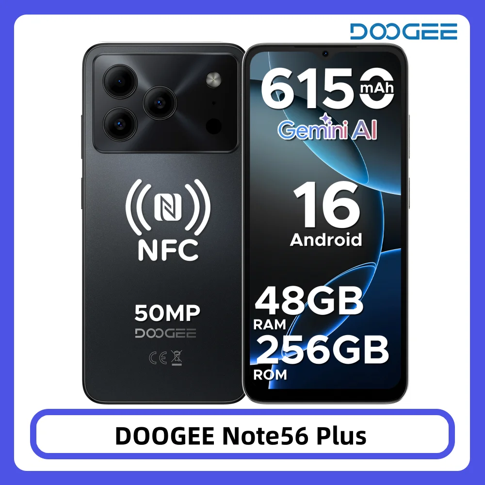 DOOGEE Note56 Plus Android 16 Smartphone 48GB 256GB 6150mAh Batteria di grandi dimensioni 6.56 ''90Hz Display 50MP Fotocamera NFC Telefoni cellulari
