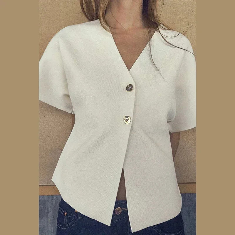 

Elegant Solid Knitted Women's Vest V-neck Short Sleeve Buttons Loose Waistcoat Cardigan 2024 Summer Autumn Lady Commute Knitwear