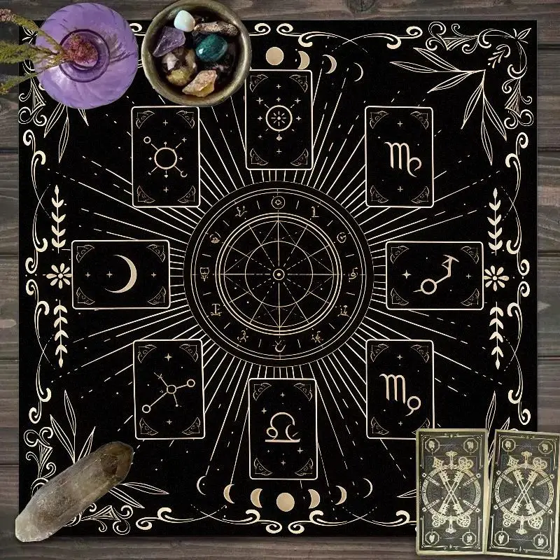 VIKAMA Astrology Tarot Spread Cloth Black Moon Phase Witch Altar Mat Wicca Divination Oracle Card Crystal Grid Decor