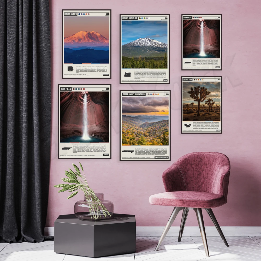 Bachelor Mountain, Tacoma Narrows Bridge, Lookout Mountain, Puget Sound, Mount Rainier, Joshua Tree, Ruby Falls travel poster
