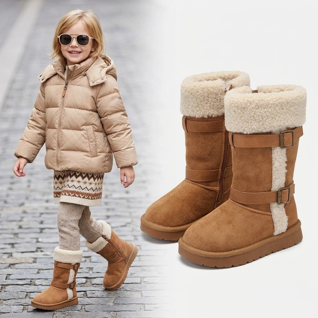 Little Girls Chunky Warm-lined Boots with Buckle 2026 New Winter Kid Fur Collar Mid-calf Boots Non-slip Retro Style School Boots