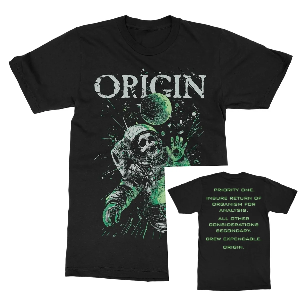 Origin T‑Shirt Retro Space Horror Woodcut Art Eerie Skull‑Faced Cosmonaut Adrift in Starry Outer Space Distressed