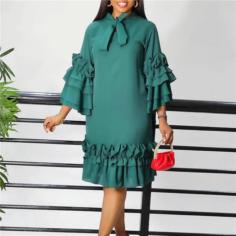 

New Fashion Flare Sleeve Ruffles Women Dress Bow Collar Solid Color Loose Casual Vestidos Elegant Ladies Outfits Dropshipping