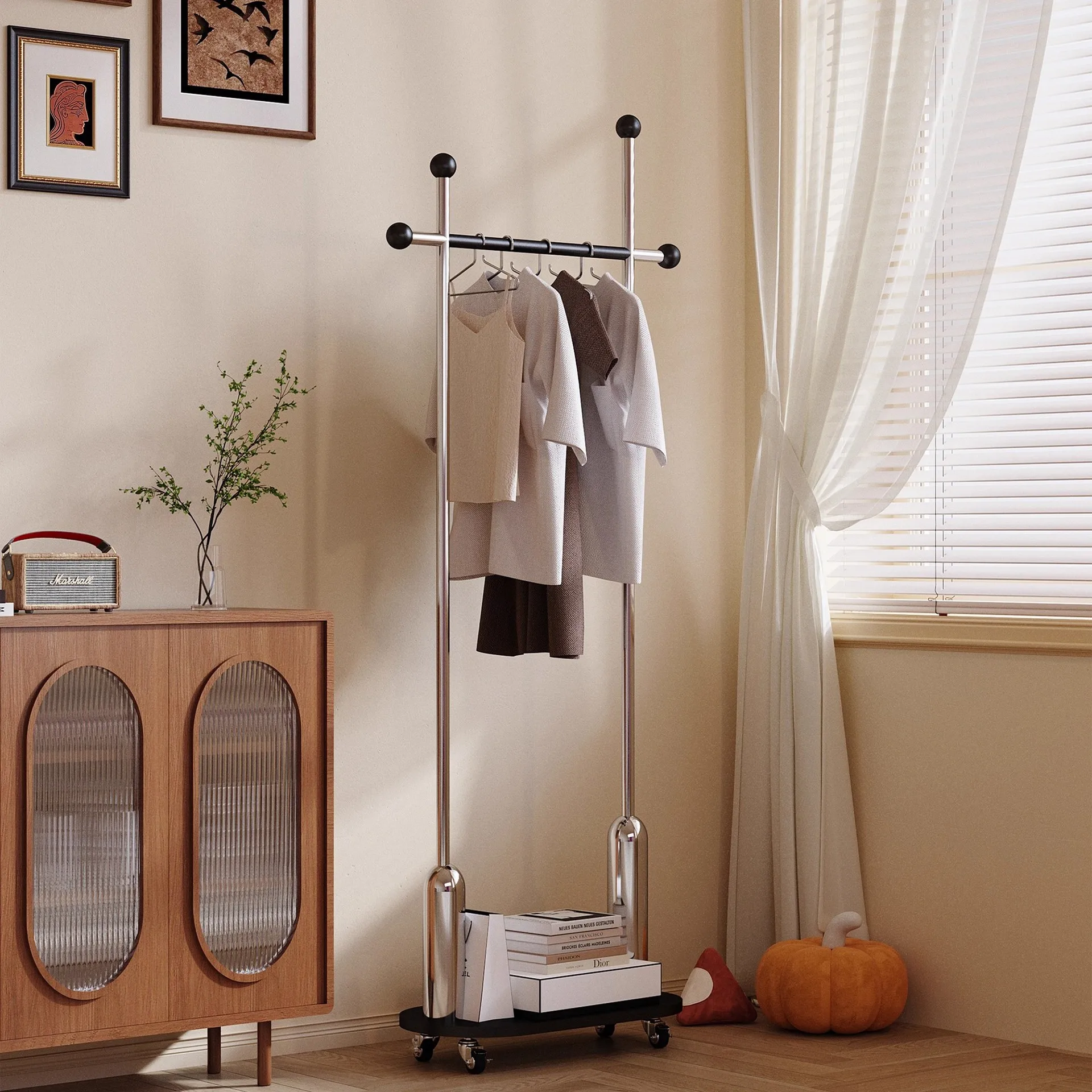 High-grade stainless steel hanger coat rack floor-to-ceiling storage mobile home bedroom hanger clothing display rack