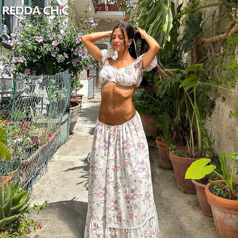 

ReddaChic Floral Print Women Matching Set Puff Sleeve Corset Crop Top Drawstring Lace Trim Maxi Long Skirt Holiday Everyday Wear