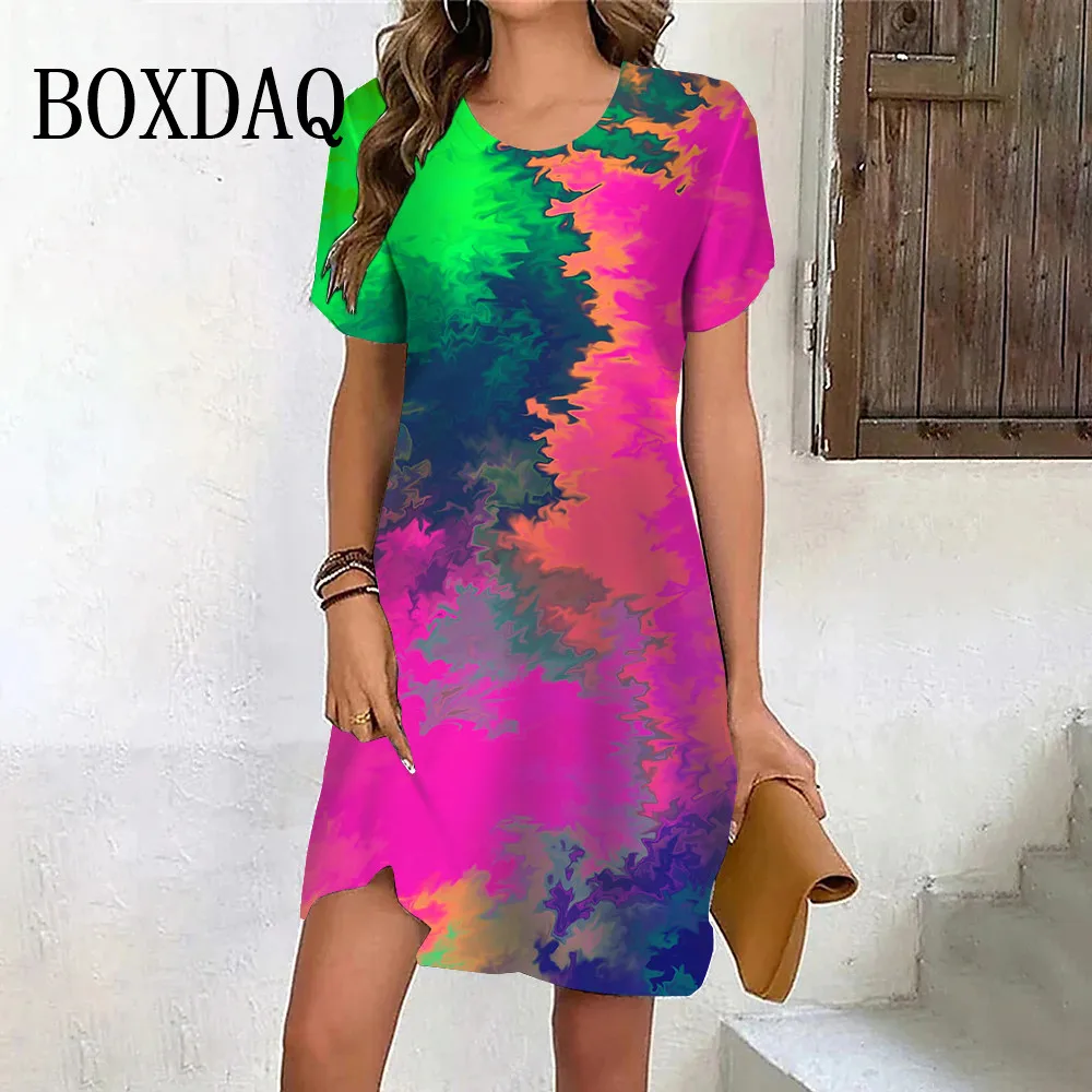 Tie Dye Gradient Print Damskie Mini Sukienki Moda Letnia Luźna Sukienka A-Line Street Elegancka Damska Sukienka z Krótkim Rękawem 2024