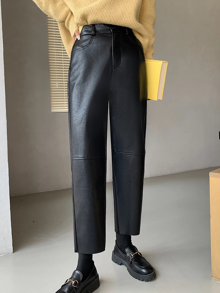 QOERLIN Fall Winter PU Leather Pants Women Elegant High Waist Pockets Faux Leather Harem Pant Female Back Elastic Waist Trousers