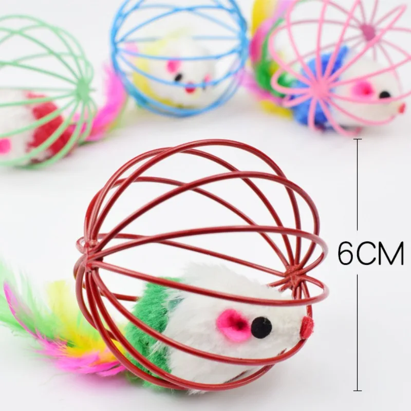 Cage rat happy cat toy plush simulation color mouse fun cat ball Feather Mice In Cage Cat Toy Pet Supplies 