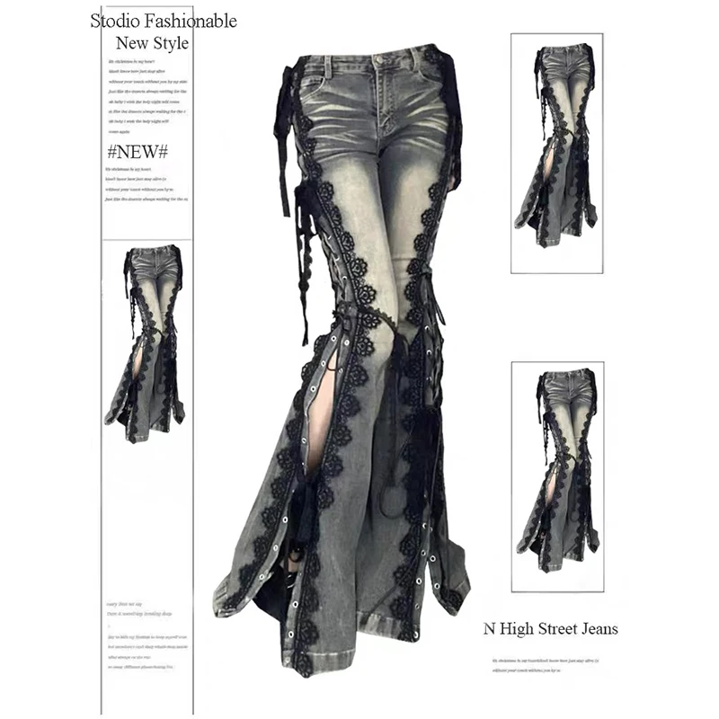Women Academia Goblin Core Harajuku Y2K Low Rise Lace Jean Abi Denim Flare Pants Bell-Bottom Y2k Japanese Goth Gyaru Kpop