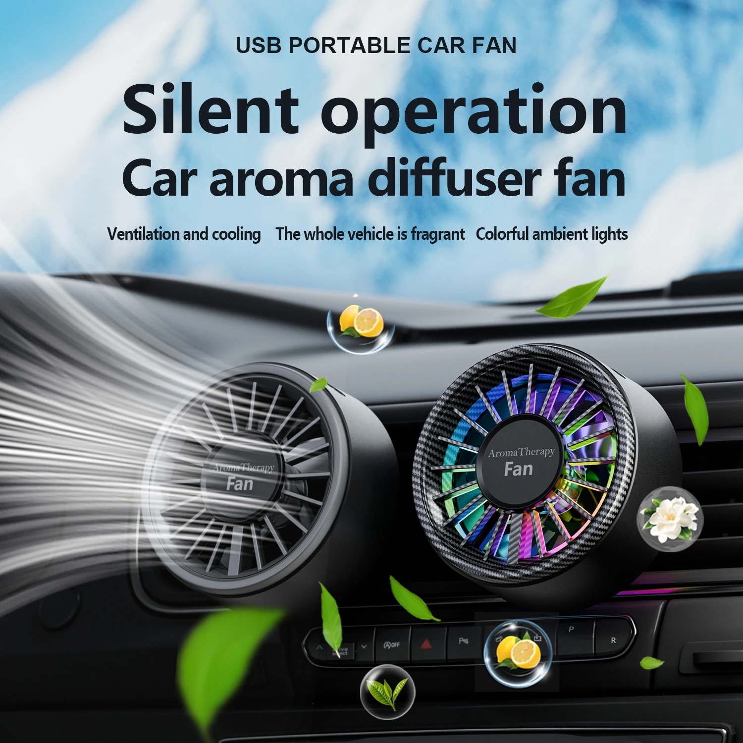 Tragbarer Auto-Ventilator mit Entlüftungsclip, 3 Gänge, geschwindigkeitsverstellbarer Lüfter, 5 V USB-betrieben, RGB-Umgebungslicht, Lufterfrischer-Diffusor