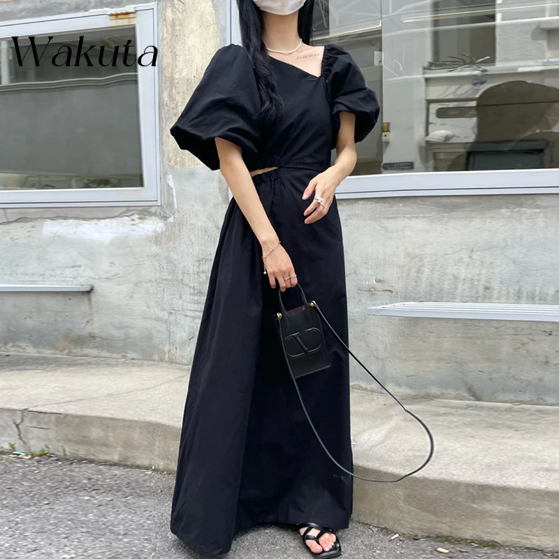 WAKUTA Streetwear Casual Side Hollow Out Bare Waist Maxi Dress White Black Slim Skew Collar Lantern Short Sleeve Ladies Dresses