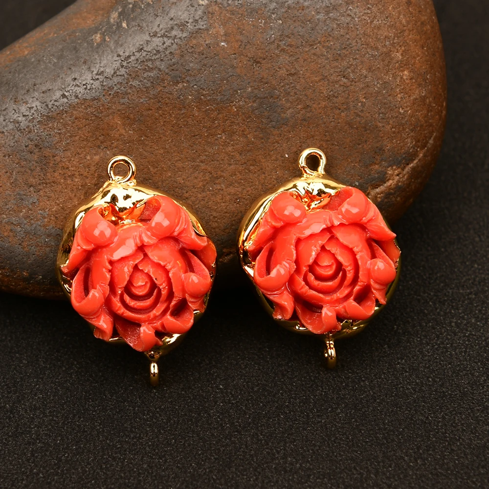 APDGG 5 Pcs Orange Red Resin Coral Flower Connector Double Ring Jewelry Finding