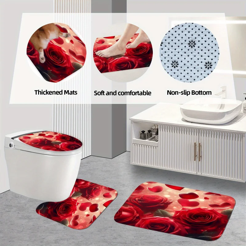 Valentine's Day 4pcs Bathroom Set: Waterproof Shower Curtain with 12 Hooks, Non-Slip Rug, U-Shape Mat & Toilet Lid Cover - Vibra